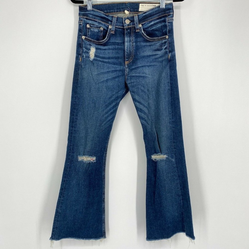 Rag & Bone 10 Inch Crop Flare Distressed Denim Jeans In Mabel Wash Blue Size 26